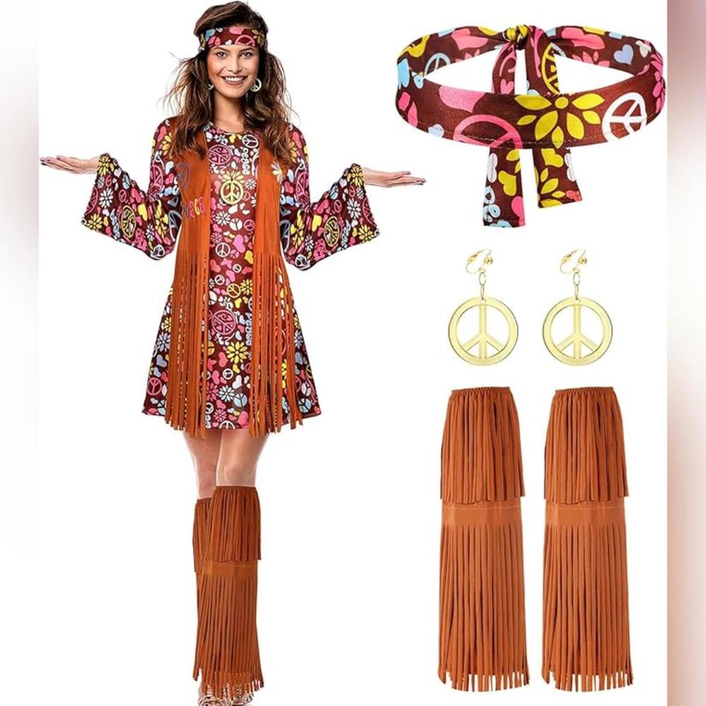 60s-Inspired Mini Dress with Fringe Accessories - Brown Floral